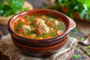 AI generated Vegetable soup with meatballs. photo