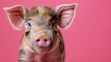 ai generado pequeño cerdo en pie en parte superior de rosado superficie foto