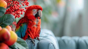 AI generated Red and Blue Parrot Perched on Couch Arm photo