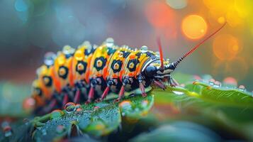 AI generated Close Up of a Caterpillar on Green Surface photo