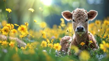 ai generado marrón vaca sentado en lozano verde campo foto