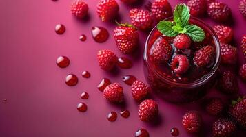 ai generado tarro lleno con fresas en mesa foto