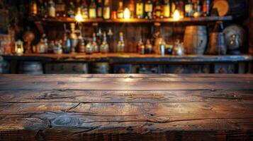 AI generated Wooden Table Top in Front of Bar photo