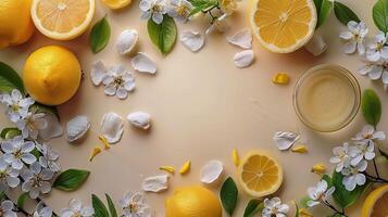 AI generated Glass of Water Surrounded by Lemons and Flowers photo