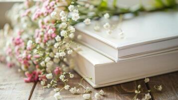 AI generated Wedding photo album with flower on a wooden background