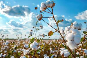 AI generated Branch of ripe cotton on the cotton field. photo