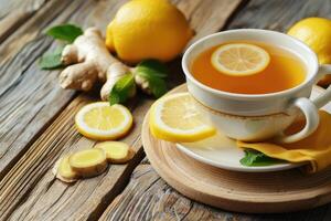 AI generated Cup of ginger tea with lemon on wooden table. photo