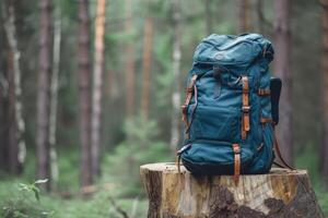 ai generado turista mochila en el tocón foto