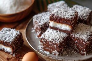 AI generated Lamingtons, sponge cake with chocolate and coconut. photo