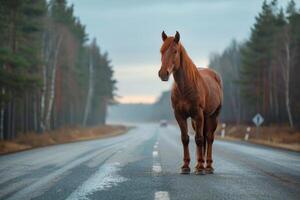AI generated Horse standing on the road near forest at early morning or evening time. Road hazards, wildlife and transport. photo