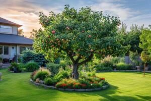 AI generated Colored flower bed in the park. Outdoor summer gardening. photo