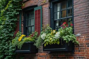 ai generado ventana cajas con plantas en el lado de un ladrillo edificio foto