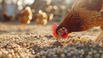 AI generated Chicken eats feed and grain at eco chicken farm, free range chicken farm. photo