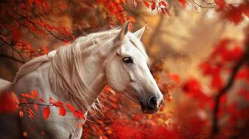 AI generated Portrait of beautiful white horse in autumn photo