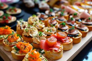 AI generated Buffet assortment of canapes. Delicious appetizers, catering food photo