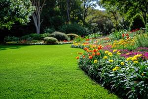 AI generated Multi-colored flower bed in the park. Outdoor summer gardening. photo