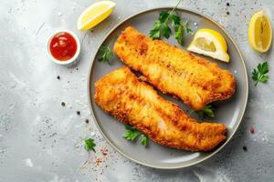 ai generado crujiente pescado tiras con salsa de tomate. foto