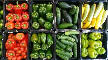 AI generated Various vegetables on supermarket aisles, clear and professional. photo