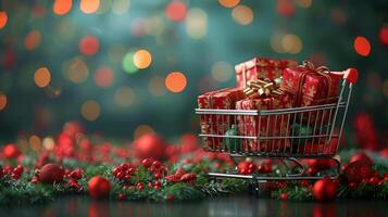 ai generado compras carro lleno con Navidad decoraciones foto