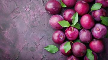 AI generated Plums With Green Leaves photo