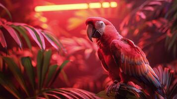 AI generated Red and Blue Parrot Perched on Couch Arm photo
