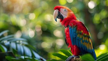 AI generated Red and Blue Parrot Perched on Couch Arm photo