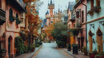 AI generated Cobblestone Street With Castle in Background photo