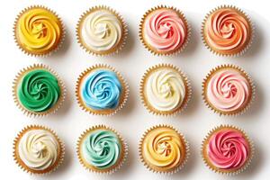 AI generated Top view on set of vanilla cupcakes with colorful buttercream tops isolated on white background. photo