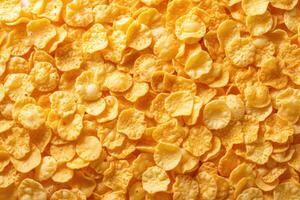 AI generated Golden cornflakes background and texture View from above cornflakes healthy breakfast photo