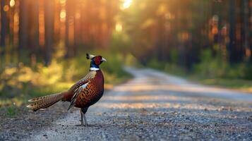 AI generated Pheasant standing on the road near forest at early morning or evening time. Road hazards, wildlife and transport. photo