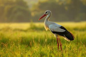 ai generado blanco cigüeña ciconia ciconia el pájaro es caminando en el prado amanecer. foto