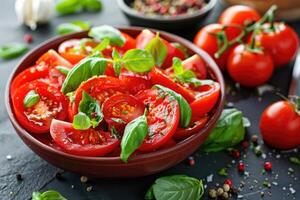 AI generated Fresh tomato salad with basil for a healthy diet. photo