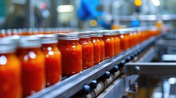 AI generated Automated conveyor line or belt in modern tomato paste in glass jars plant or factory production. photo