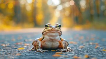 AI generated Frog standing on the road near forest at early morning or evening time. Road hazards, wildlife and transport. photo