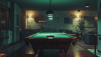 AI generated Pool table in a dark basement photo