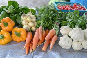 AI generated Various vegetables on supermarket aisles, clear and professional. photo