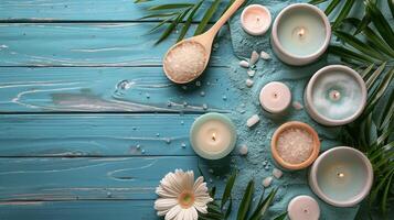 AI generated Candlelit Table With Flowers on Blue Surface photo