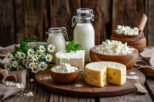 AI generated Dairy products on wooden table. photo