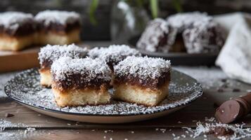 AI generated Lamingtons, sponge cake with chocolate and coconut. photo