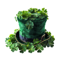 ai genererad leprechaun's hatt och dekorativ klöver löv isolerat på transparent bakgrund generativ ai png