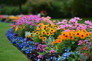 ai generado multicolor flor cama en el parque. al aire libre verano jardinería. foto