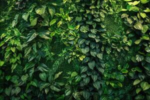 AI generated Green plants wall with vertical garden in home interior. Theme of vegetation, nature and eco design. photo