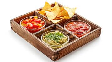 AI generated Triangular nachos corn chips with various sauces in small glass bowls on wooden tray photo