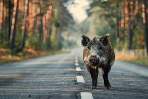 AI generated Boar standing on the road near forest at early morning or evening time. Road hazards, wildlife and transport. photo