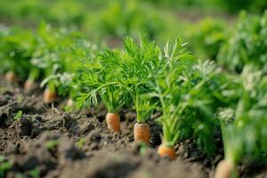 AI generated Carrot growing closeup. Close up carrots growing in field. Fresh vegetable plant of carrot. photo