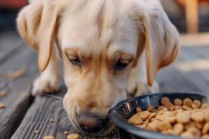 ai generado linda Labrador comiendo seco comida desde bol. foto