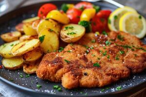 AI generated Schnitzel with potatoes and vegetables.. photo