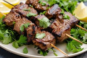 AI generated Skewers of boneless beef meat grilled by traditional recipe served with lemon and vibrant greens, fresh cilantro. photo