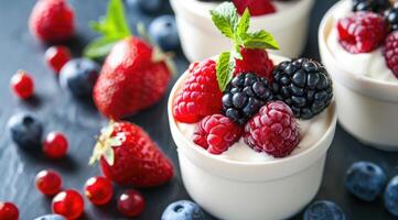 AI generated Healthy yogurt parfaits with fresh berries. photo