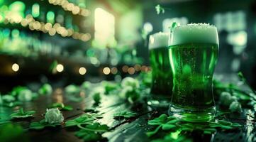 AI generated Celebrating Saint Patricks day in Ireland with a glass of green beer. St Patricks day background. photo